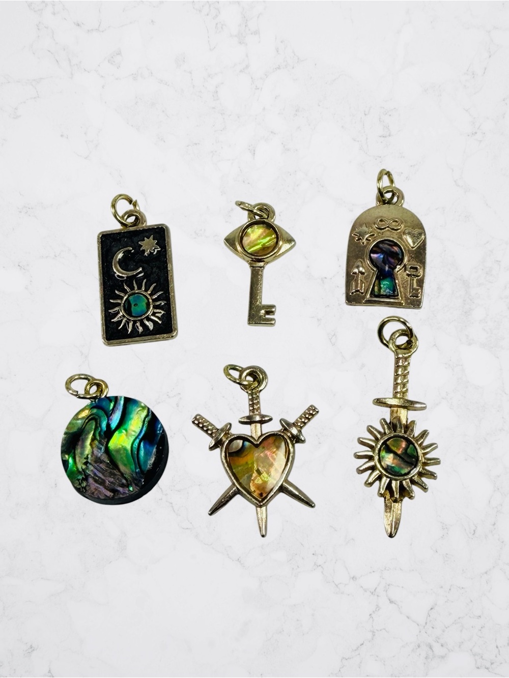 6 Pc Lot Abalone Pendants Charms Crafts Jewelry Amulet Key Sword Coat Of Arms
